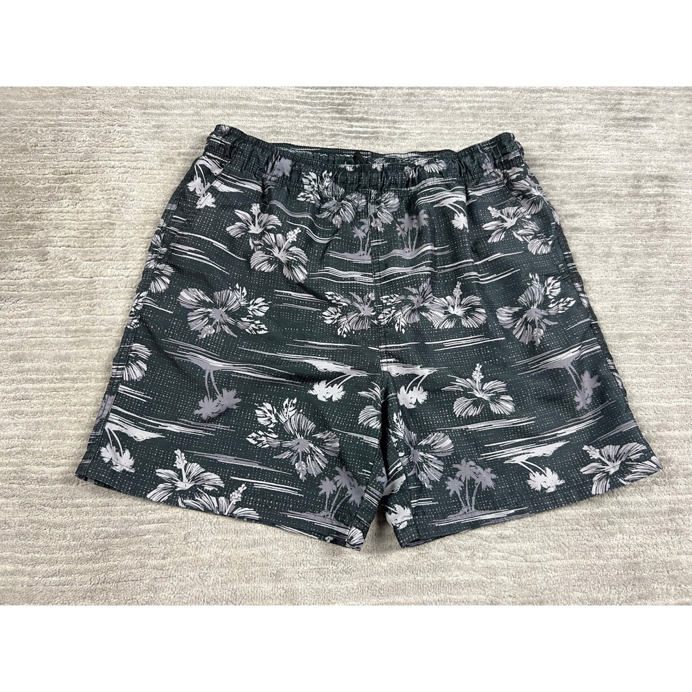 OP‎ Swim Trunks Mens S Black Gray Tropical Hibiscus Palm Tree Board Shorts